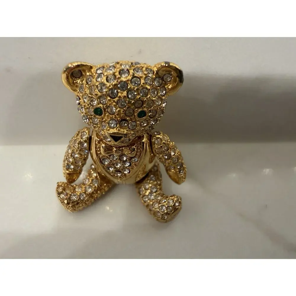 Rare Joan Rivers Articulated Rhinestone Teddy Bear Brooch Pin Gold Tone Crystal - Picture 3 of 8